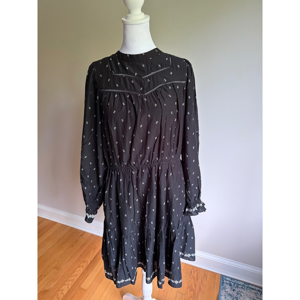 Madewell Black Floral Embroidered Tiered Mini Dress Mock Neck Long Sleeve L